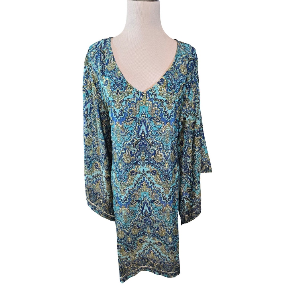 White Waves Blue Paisley V-Neck Kimono‎ Sleeve Tunic Dress NWT Boho Kaftan